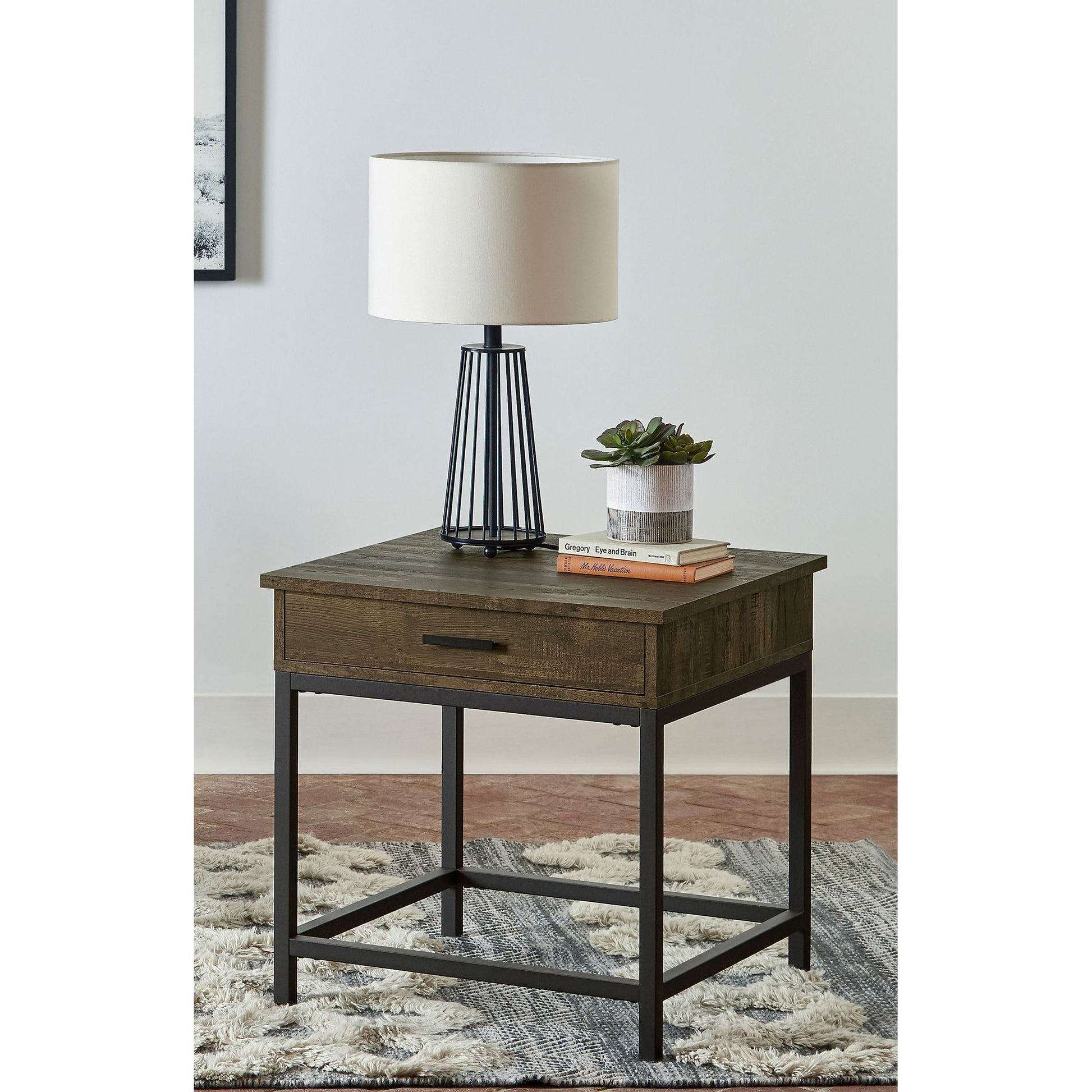 Brown Oak and Sandy Black Square End Table image 1