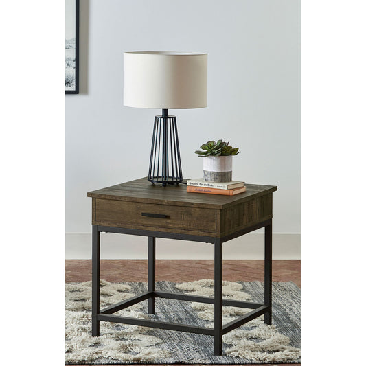 Brown Oak and Sandy Black Square End Table with drawer - front view