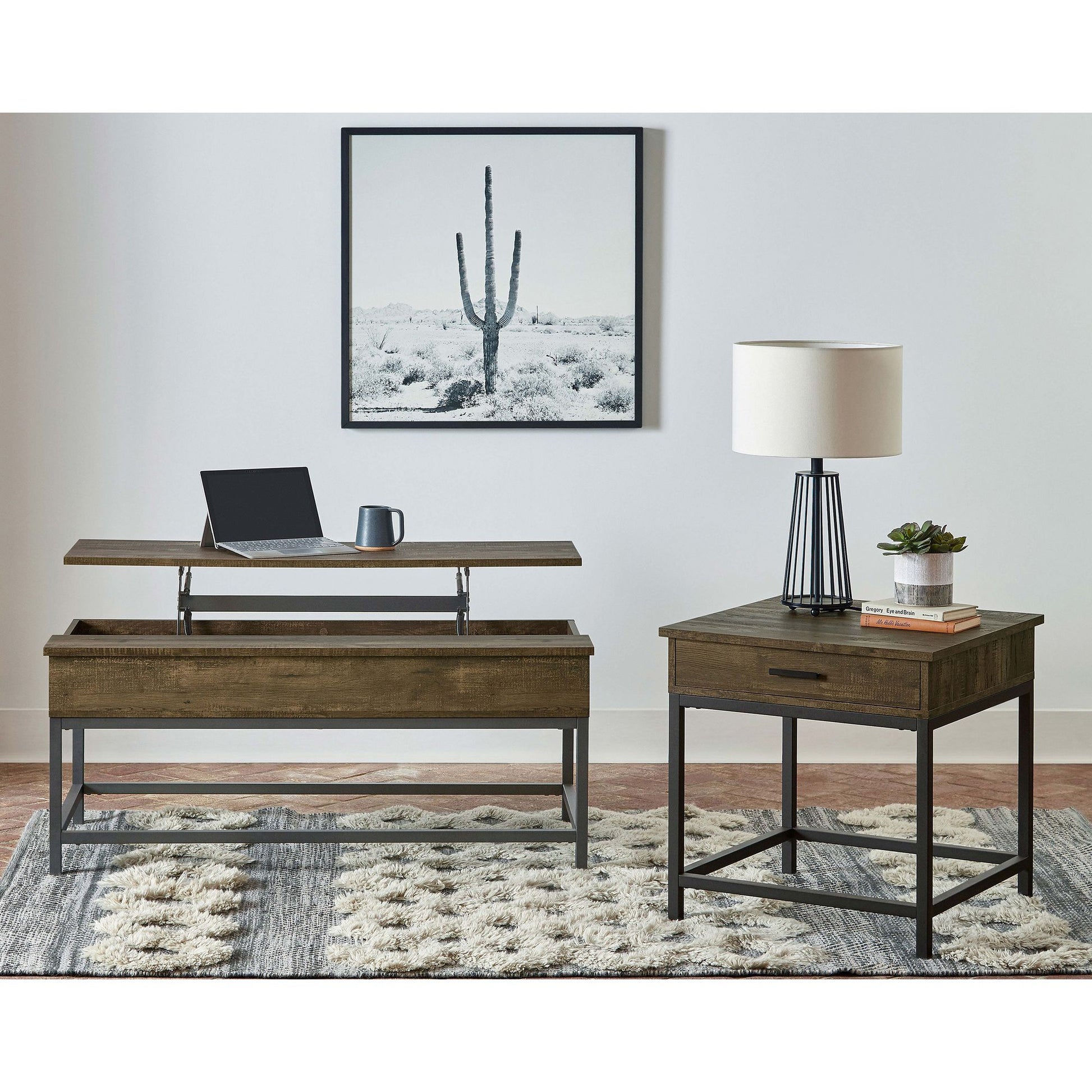 Brown Oak and Sandy Black Square End Table image 5