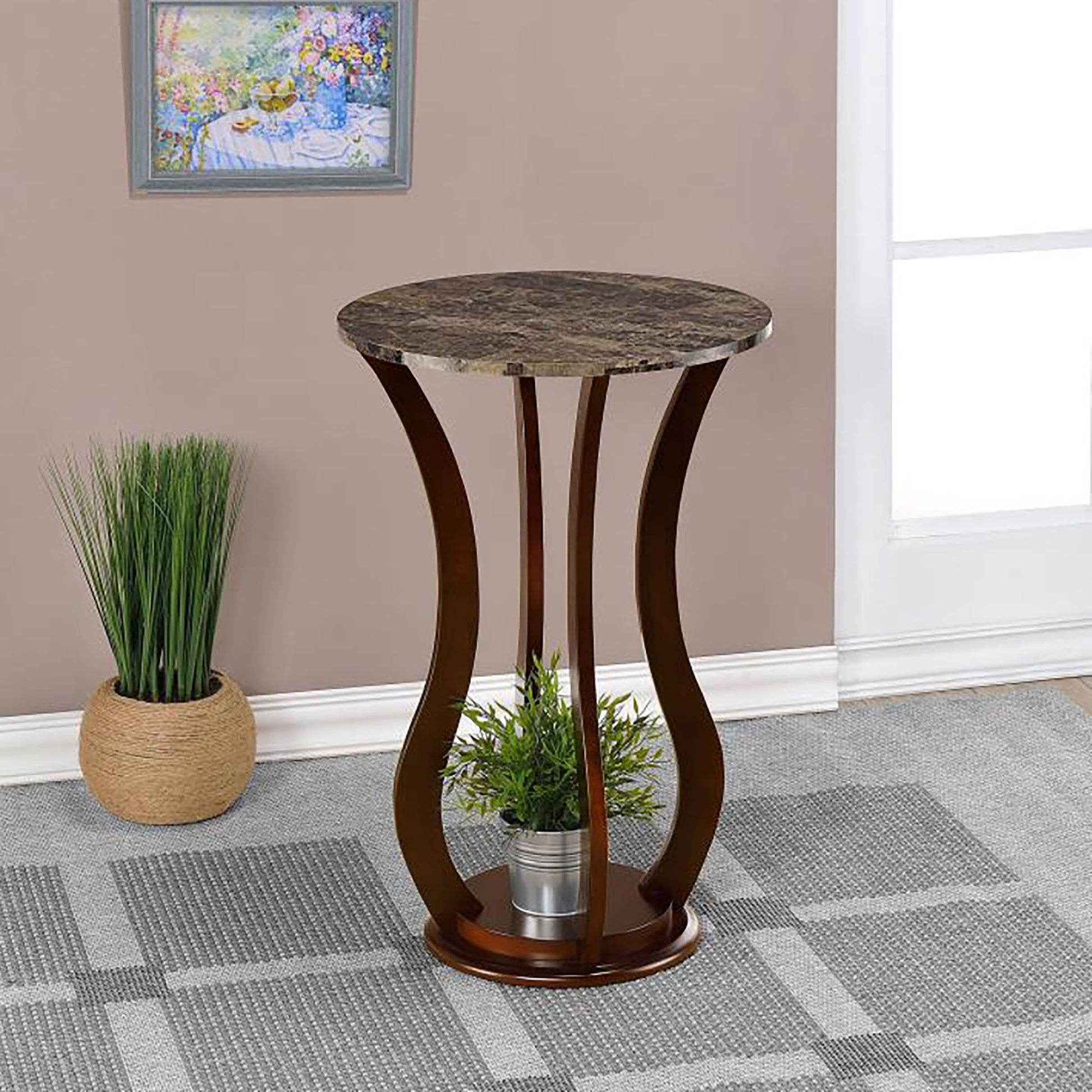 Brown Round Accent Table with Faux Marble Top image 1