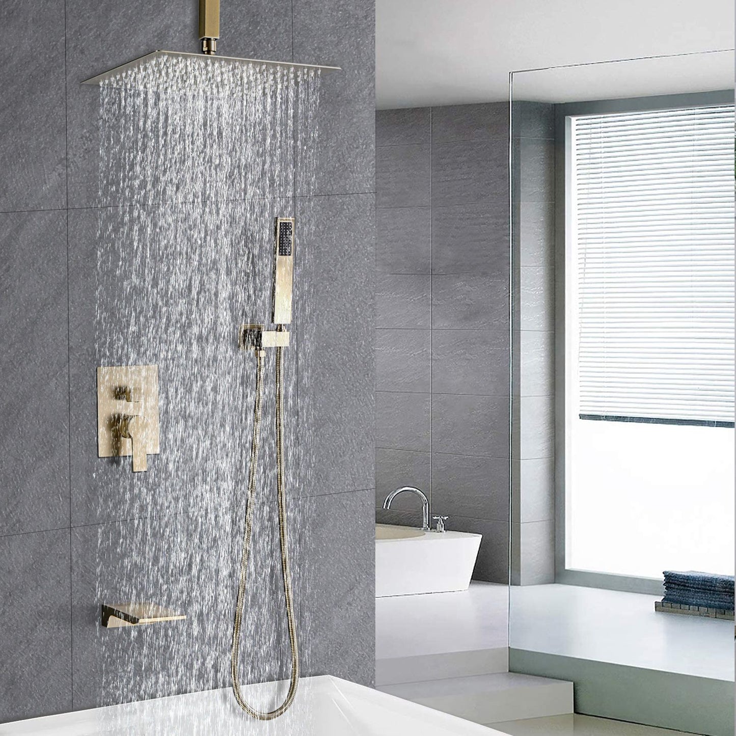 Brushed Gold 12 inches Rain Shower Faucet Sets with Waterfall Tub Spout and Handheld Shower Head image 3