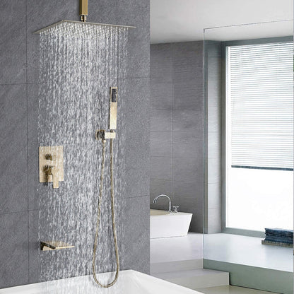 Brushed Gold 12 inches Rain Shower Faucet Sets with Waterfall Tub Spout and Handheld Shower Head image 3
