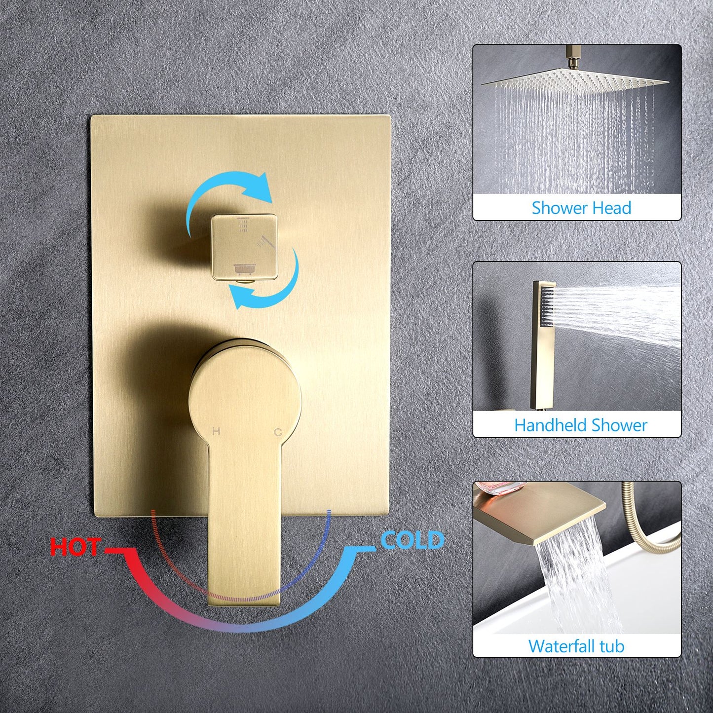 Brushed Gold 12 inches Rain Shower Faucet Sets with Waterfall Tub Spout and Handheld Shower Head image 5