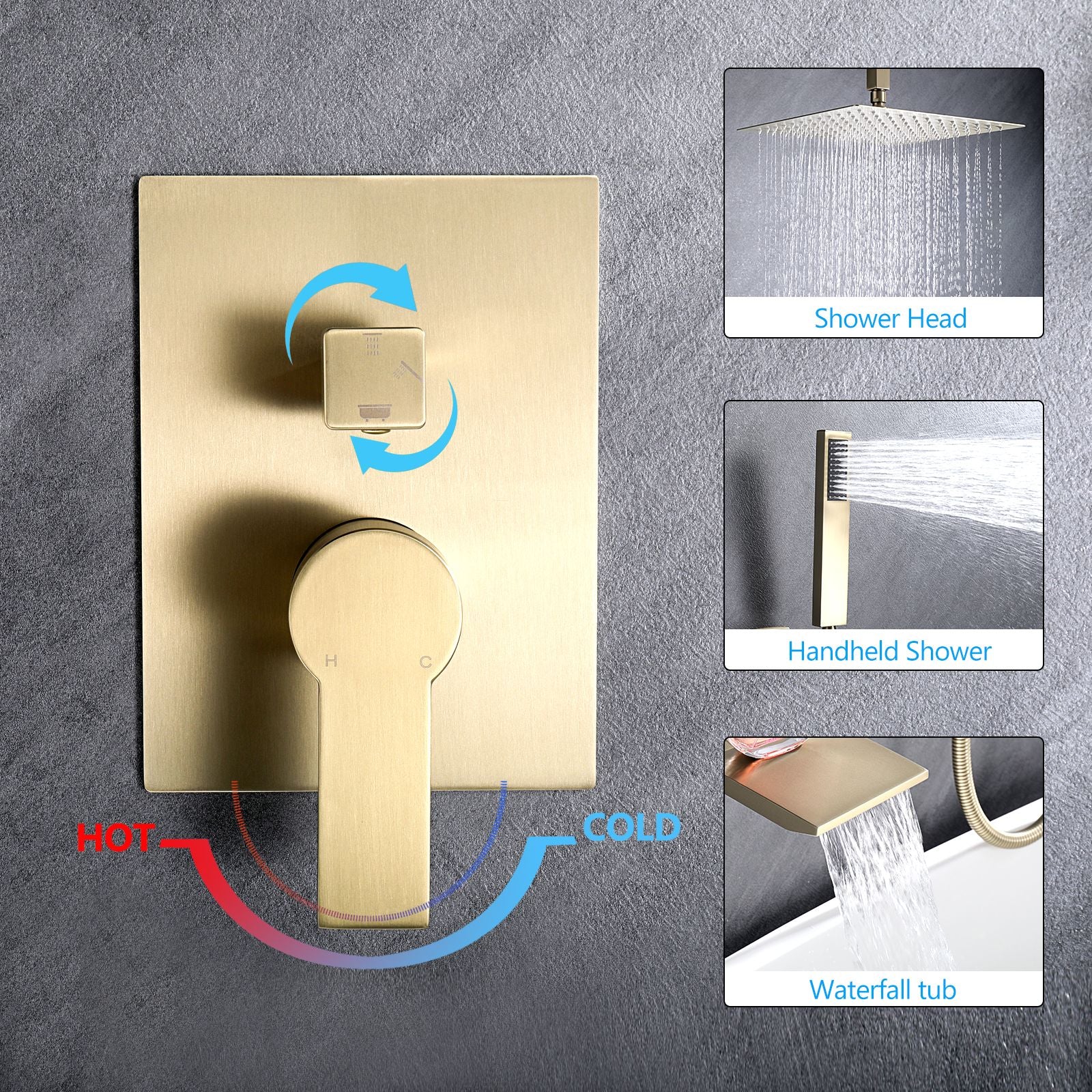 Brushed Gold 12 inches Rain Shower Faucet Sets with Waterfall Tub Spout and Handheld Shower Head image 5