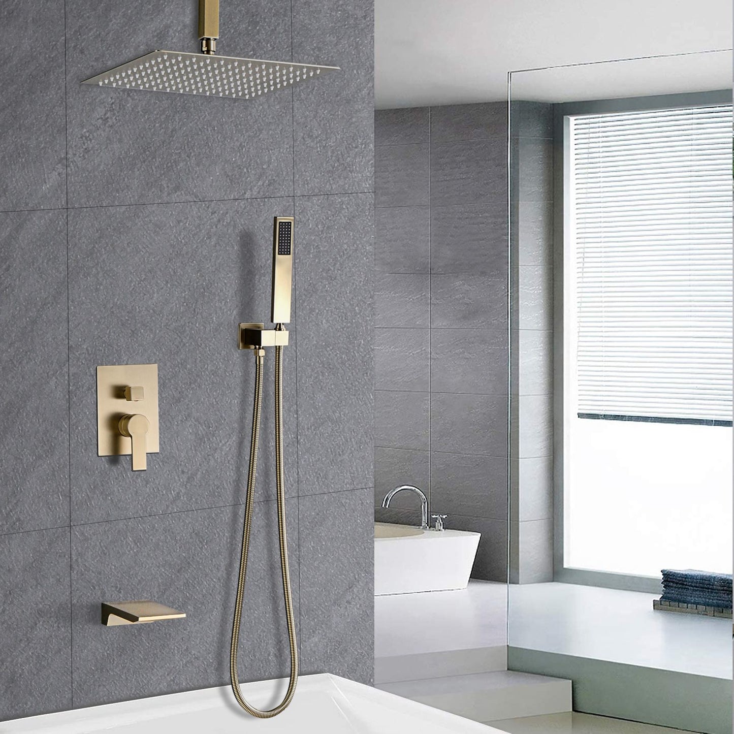 Brushed Gold 12 inches Rain Shower Faucet Sets with Waterfall Tub Spout and Handheld Shower Head image 2