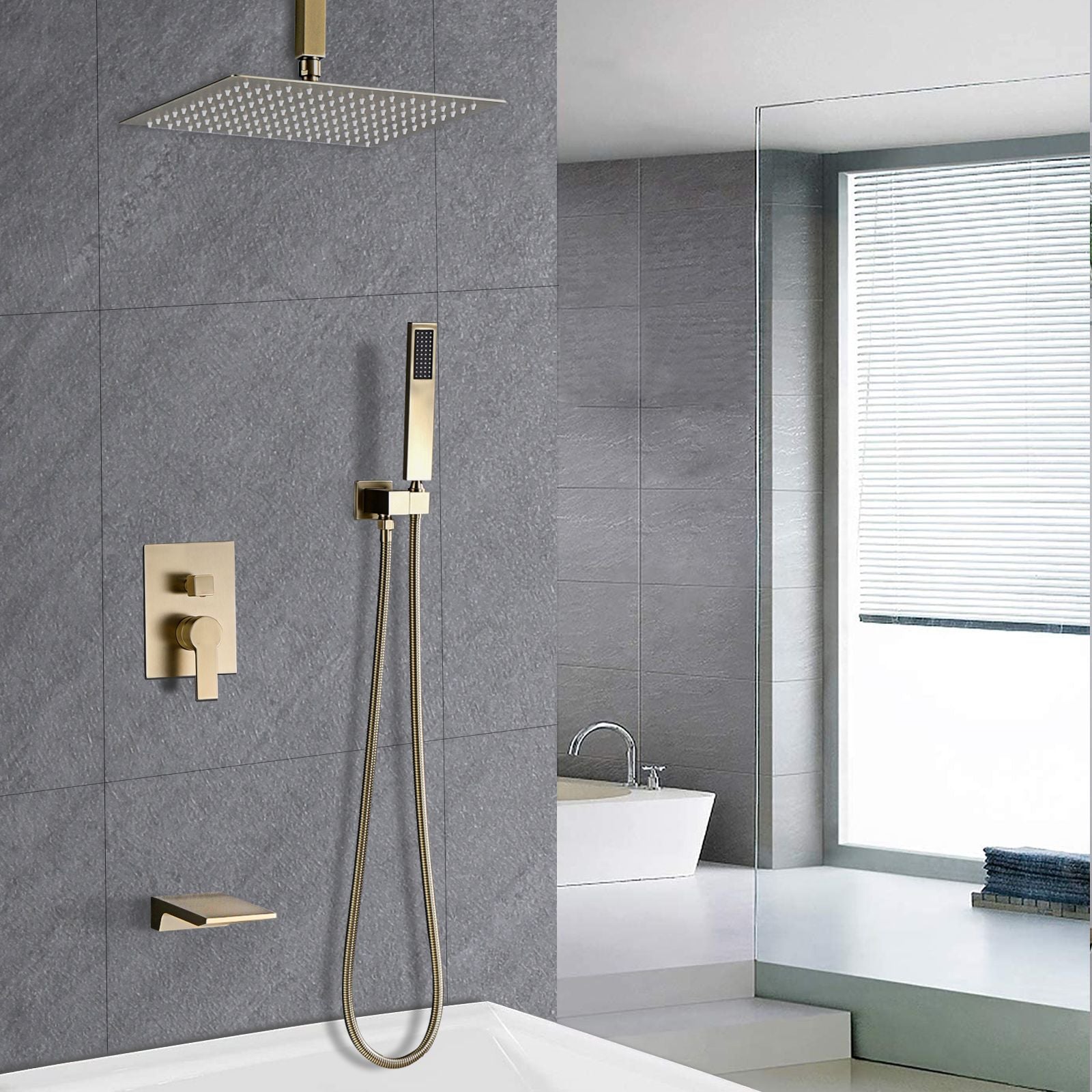 Brushed Gold 12 inches Rain Shower Faucet Sets with Waterfall Tub Spout and Handheld Shower Head image 2
