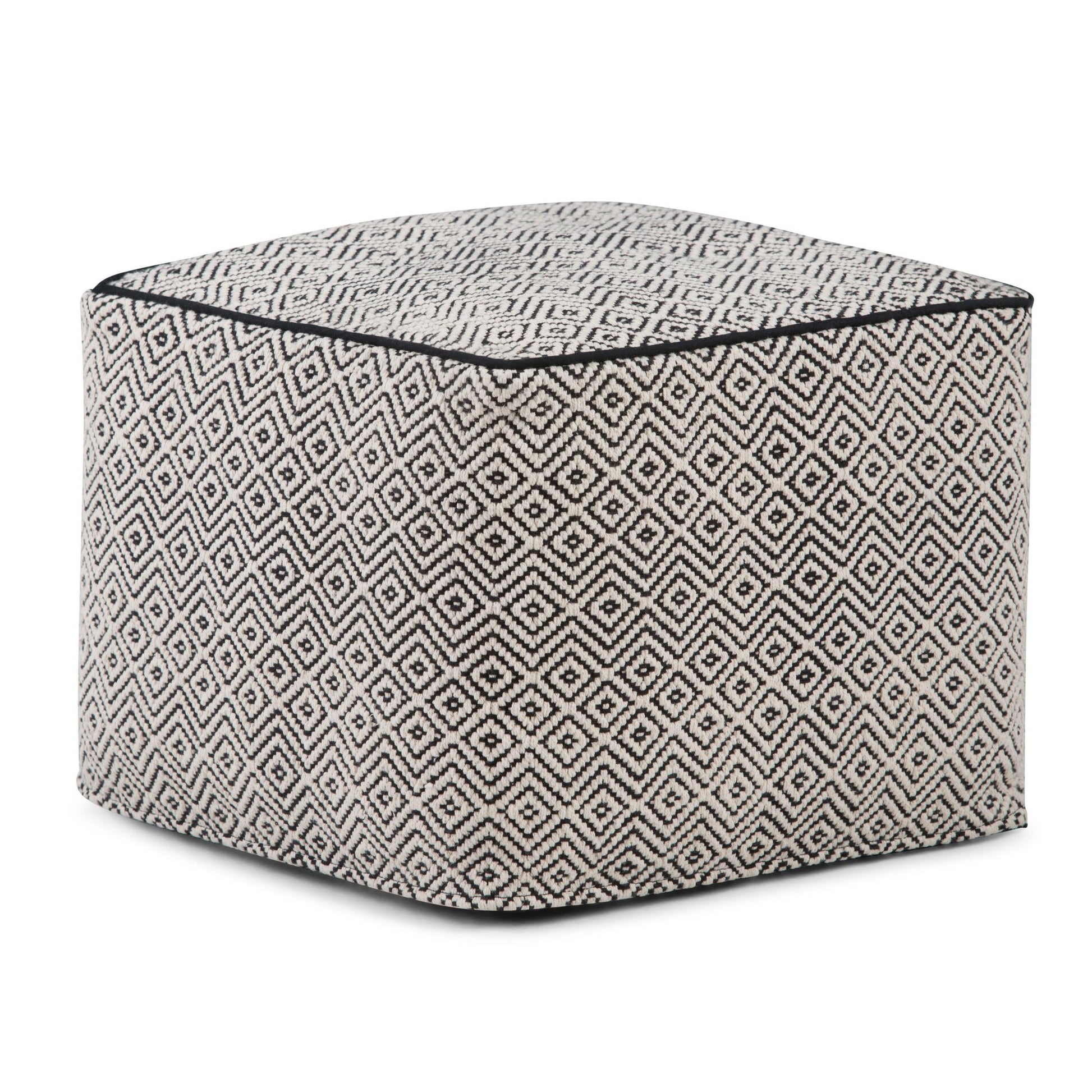 Brynn 18 inch Wide Square Pouf in Patterned Black and Natural Handwoven Cotton image 1