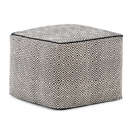 Brynn 18 inch Wide Square Pouf in Patterned Black and Natural Handwoven Cotton image 1