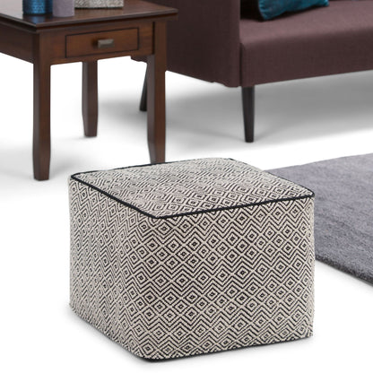 Brynn 18 inch Wide Square Pouf in Patterned Black and Natural Handwoven Cotton image 6