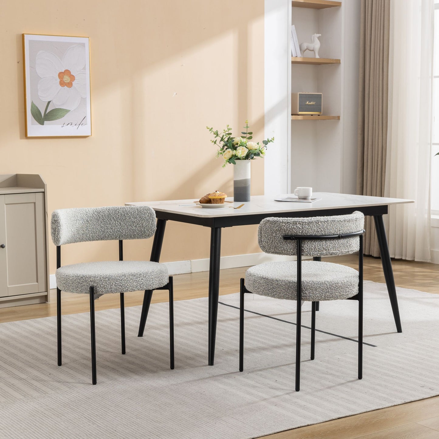 Burbank Modern Round Boucle Dining Chairs, Set of 2, Black White image 3