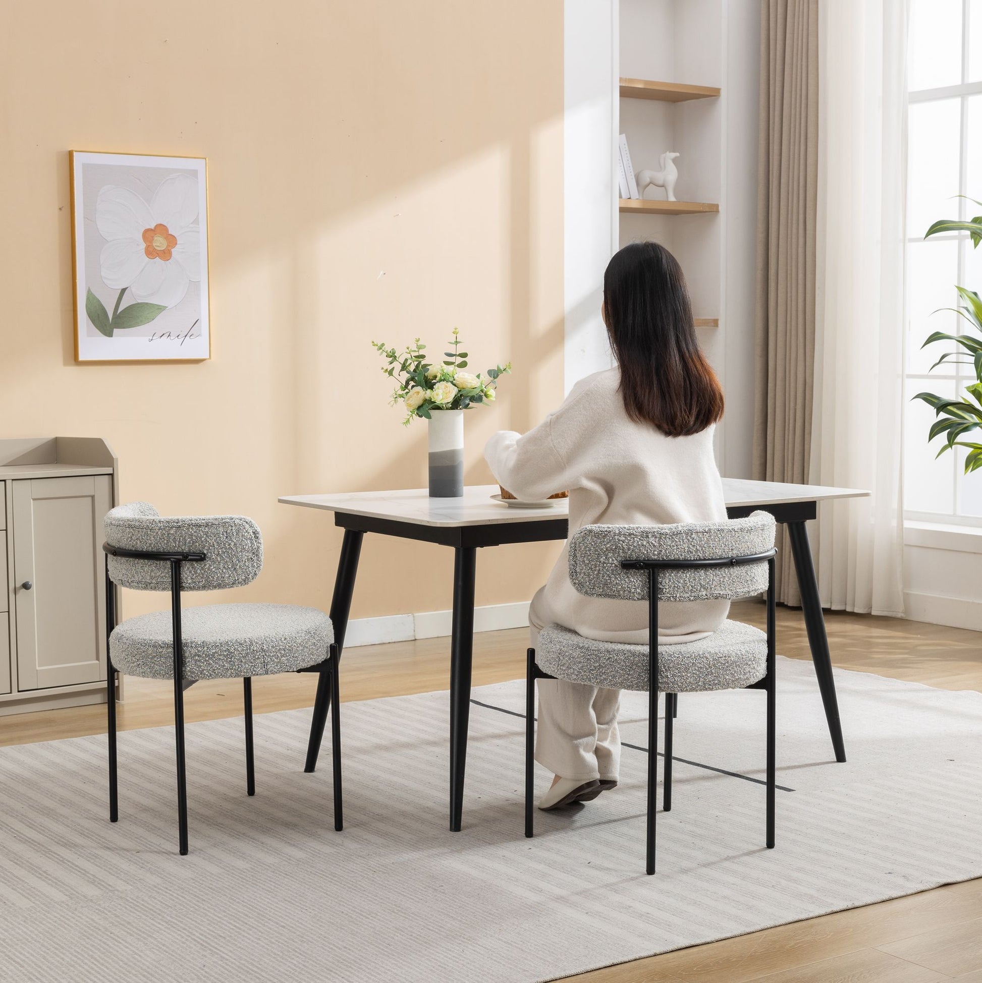Burbank Modern Round Boucle Dining Chairs, Set of 2, Black White image 2