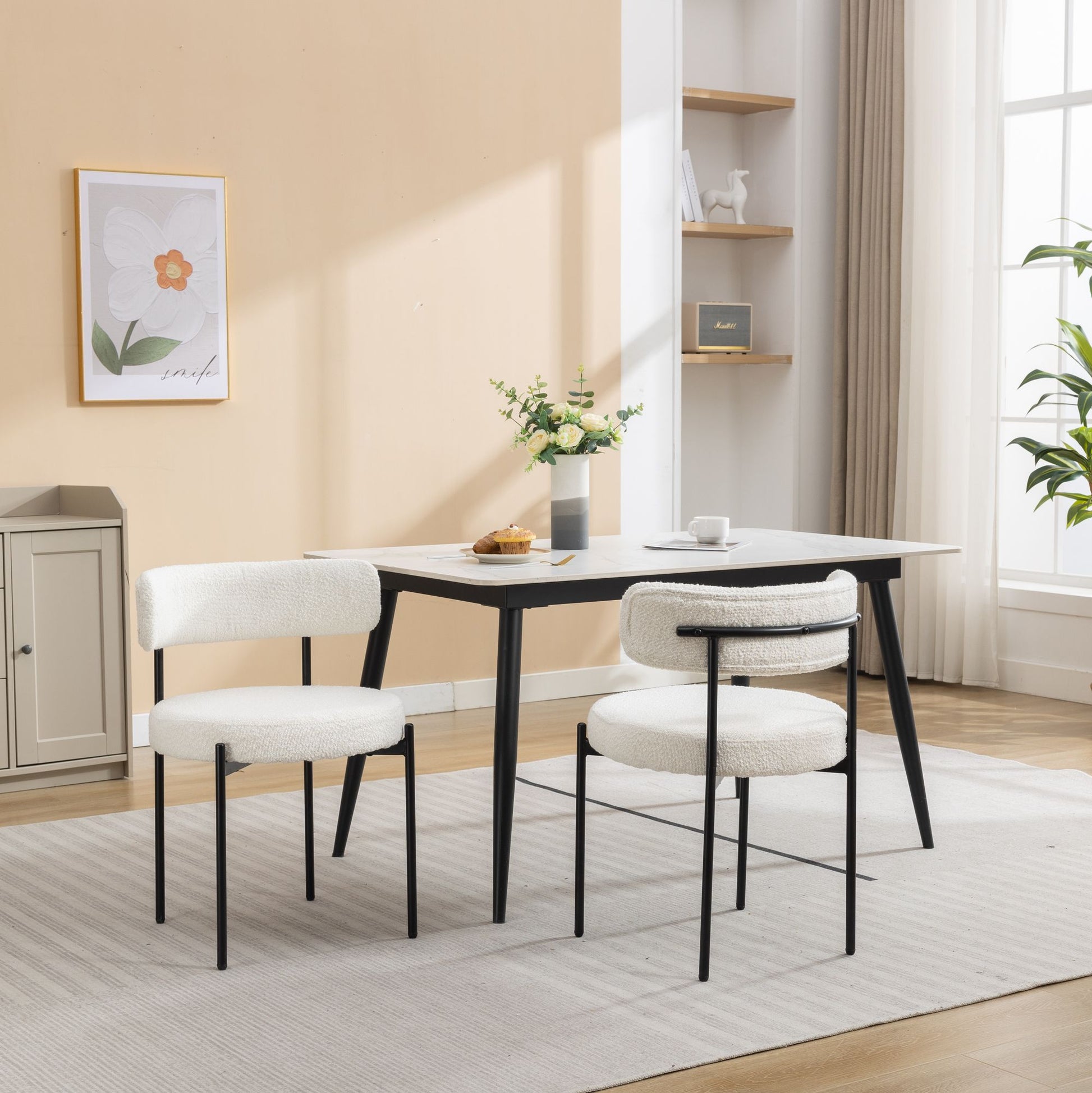 Burbank Modern Round Boucle Dining Chairs, Set of 2, White image 1