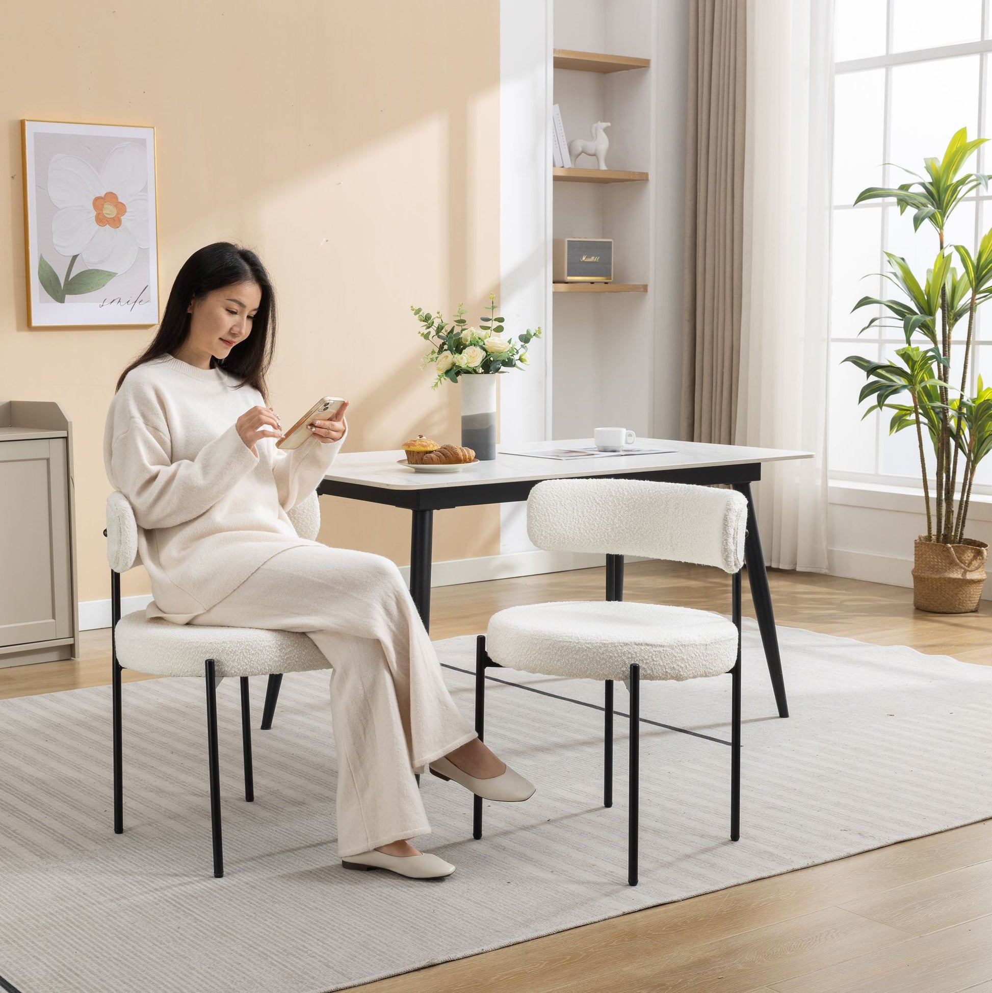 Burbank Modern Round Boucle Dining Chairs, Set of 2, White image 2