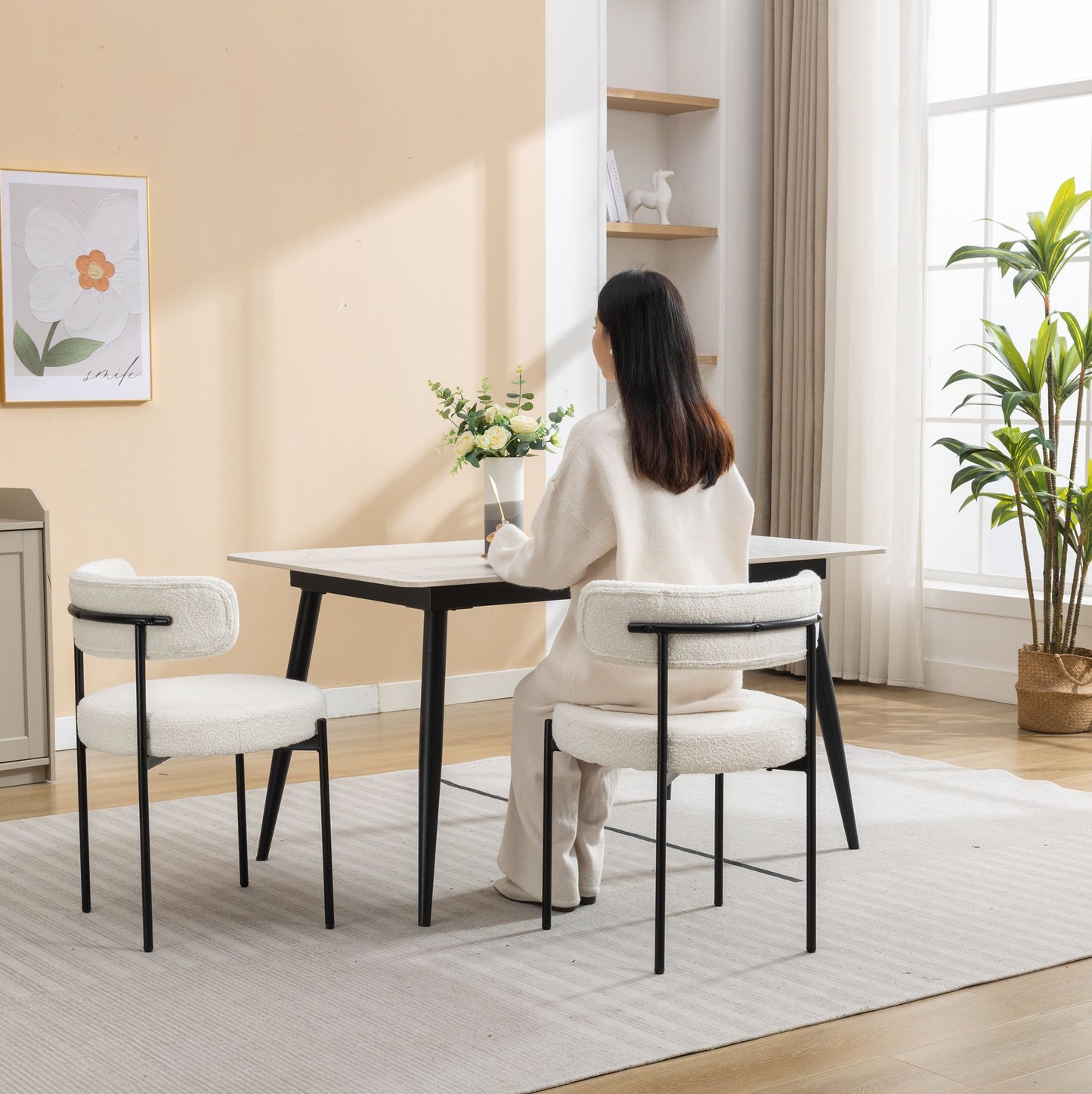 Burbank Modern Round Boucle Dining Chairs, Set of 2, White image 3