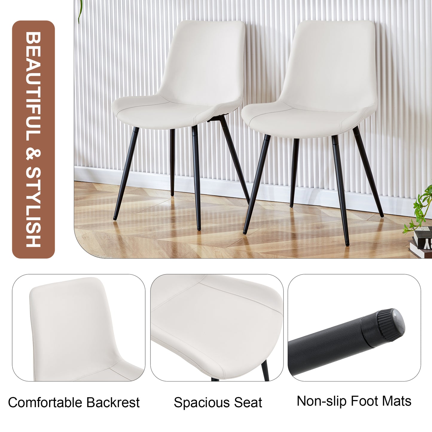 White artificial leather backrest cushion dining chair, black metal legs, curved widened cushion design for more comfort, suitable for restaurants, kitchens, bedrooms, offices.(6 chairs) 0502 image 5