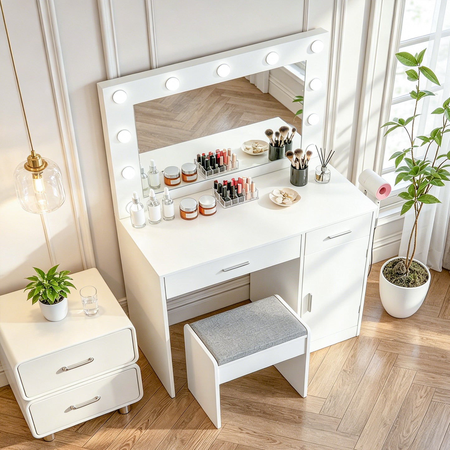 Vanity Desk with Mirror, Large Drawer and Power Socket with 11 Light Bulbs and 3 Adjustable Lighting Modes, Vanity Table Ideal for Bedroom (White) image 7
