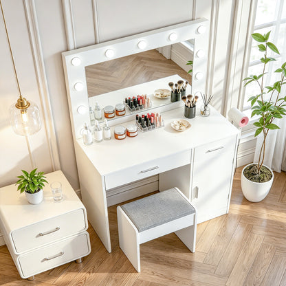 Vanity Desk with Mirror, Large Drawer and Power Socket with 11 Light Bulbs and 3 Adjustable Lighting Modes, Vanity Table Ideal for Bedroom (White) image 7