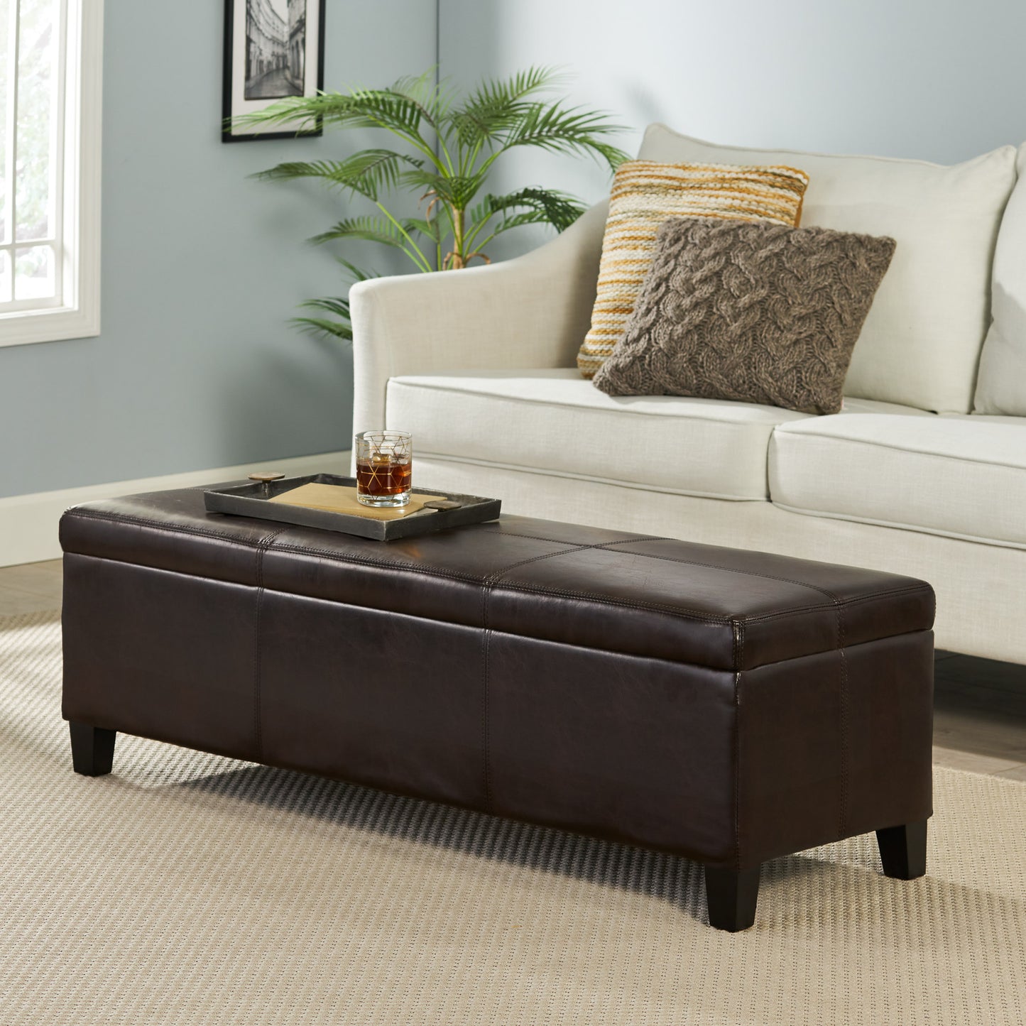 Upholstered PU Leather Storage Ottoman, Solid Wooden Legs (old sku 57742.00BRN) image 1