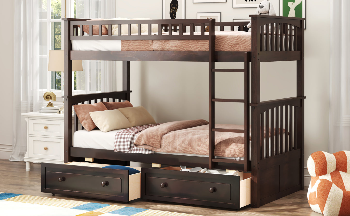 Twin over Twin Bunk Bed with Drawers, Convertible Beds, Espresso image 4