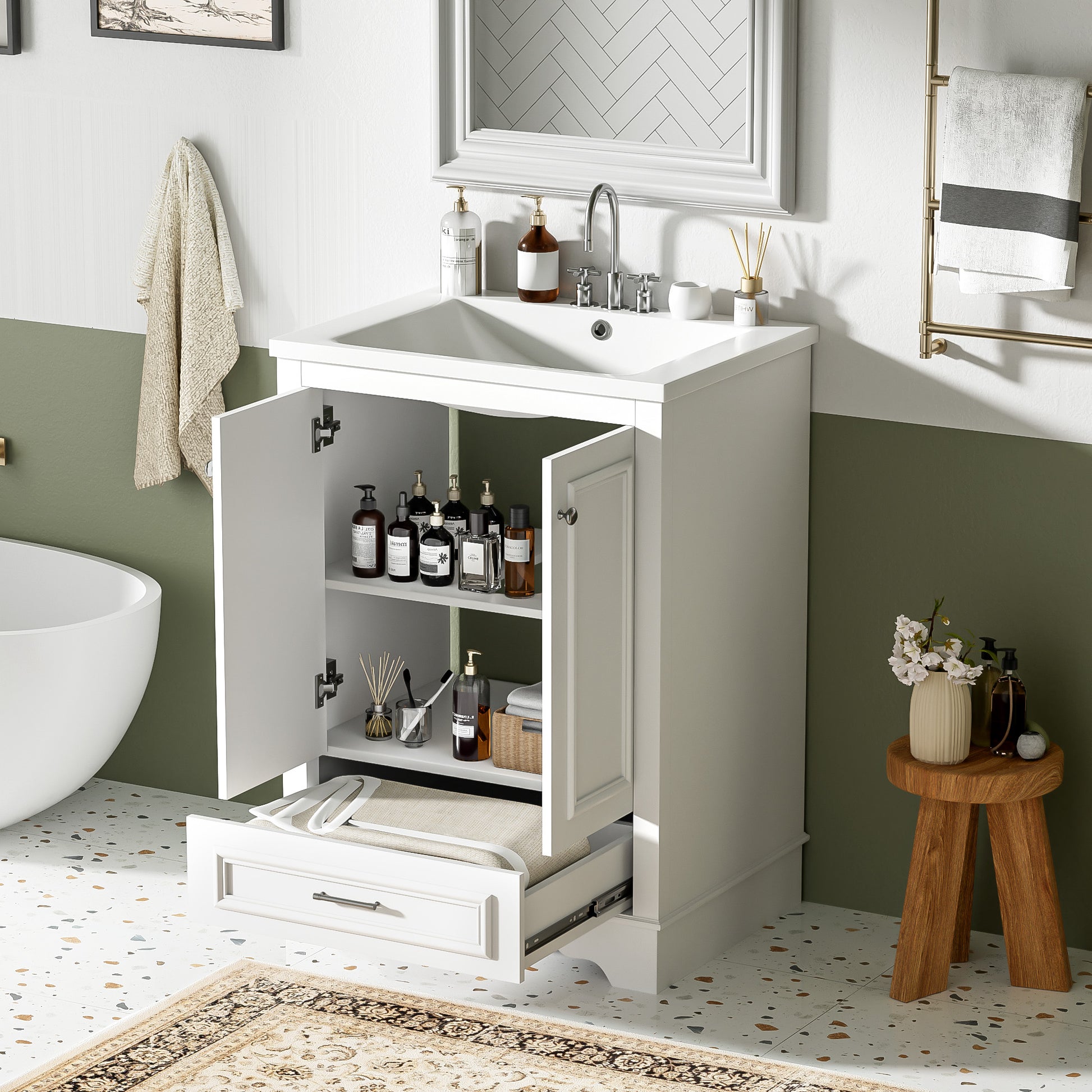 24'' Bathroom Vanity with Ceramic Sink Combo, Modern Freestanding Storage Cabinet with Silver Handles, Soft Closing Doors image 4