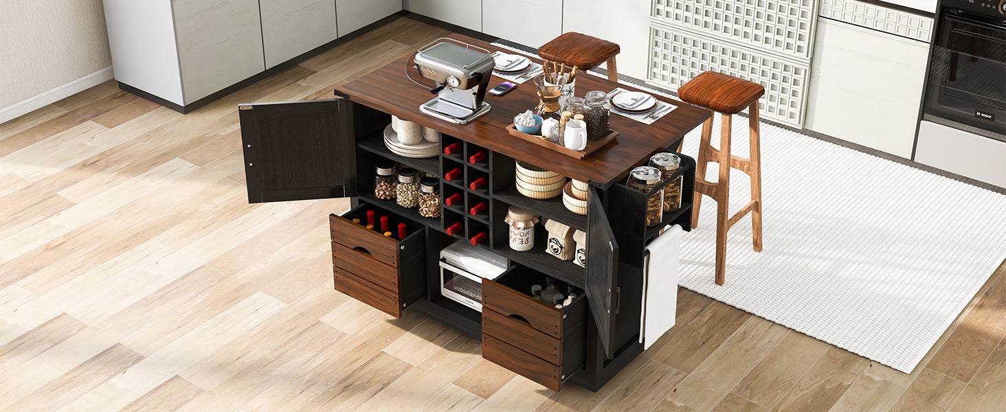 K&K 54" Farmhouse Kitchen Island with Drop Leaf, Power Outlet, Kitchen Storage Cart with 2 Doors, 2 Drawers, Rolling Kitchen Island on 4 Large Wheels with Spice Rack for Kitchen, Dining Room, Black image 5