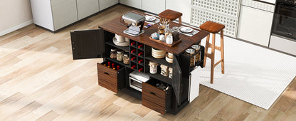 K&K 54" Farmhouse Kitchen Island with Drop Leaf, Power Outlet, Kitchen Storage Cart with 2 Doors, 2 Drawers, Rolling Kitchen Island on 4 Large Wheels with Spice Rack for Kitchen, Dining Room, Black image 5