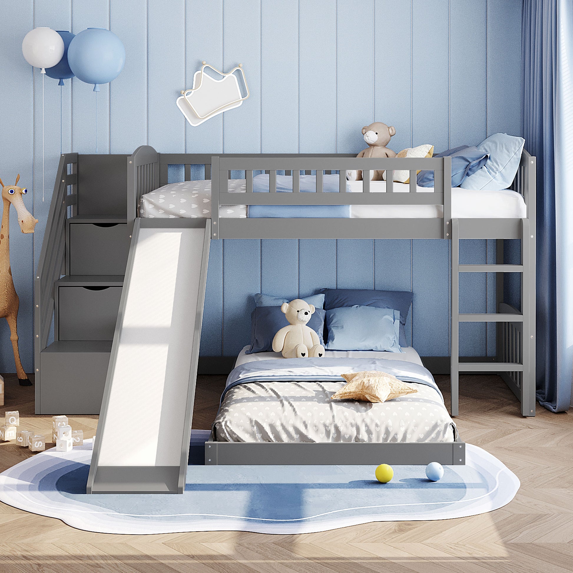 Stairway Twin over Twin Bunk Bed with Two Drawers and Slide, Gray(OLD SKU:LT100156AAE-1) image 2