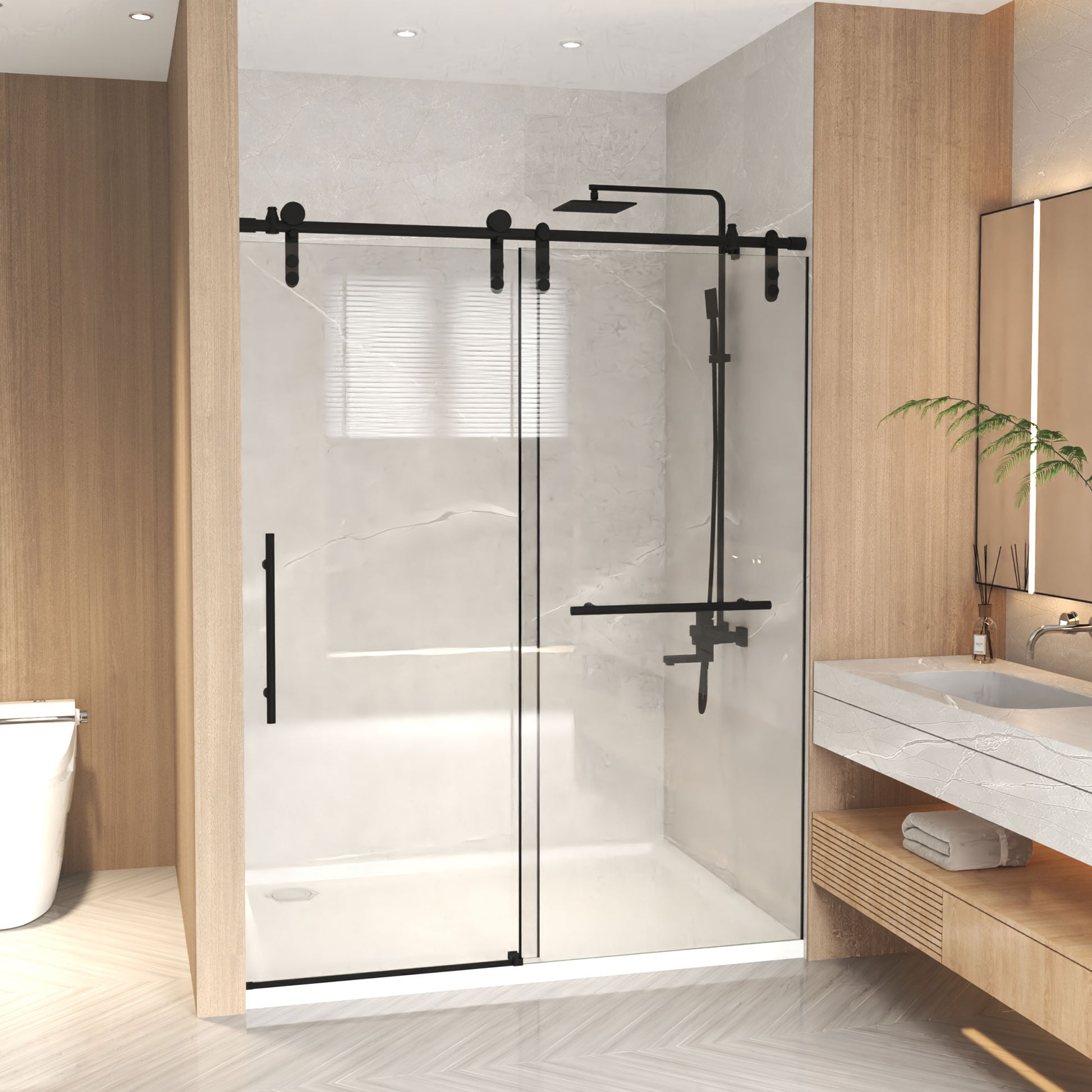 44-48" x 76" H Frameless Sliding Shower Door, 5/16" (8mm) Clear Tempered Glass, Stainless Steel Frame,Matte Black image 2