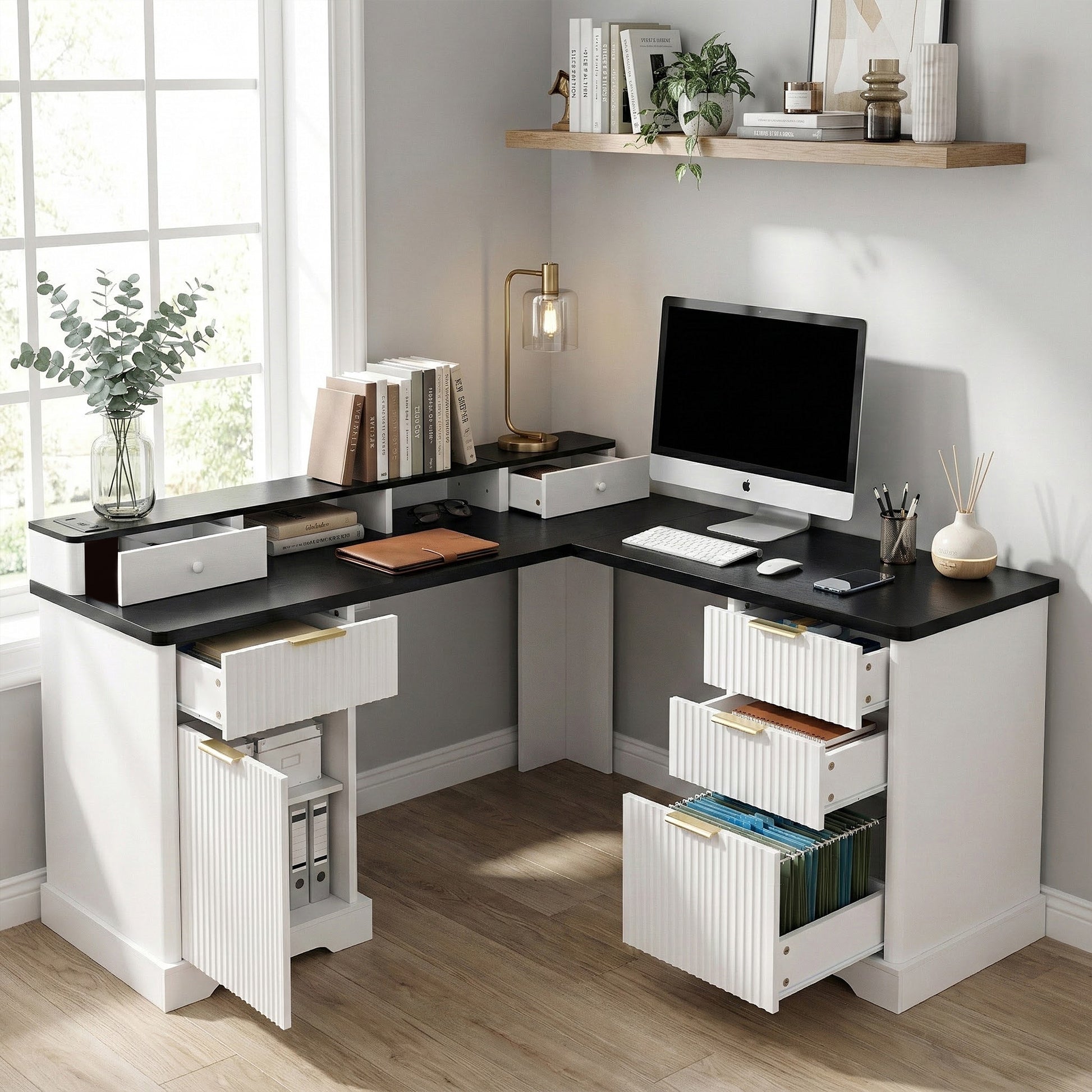 59" Modern Fluted L-Shaped Desk with Charging Station & Storage Cabinet - Home Office Computer Desk with Monitor Stand, File Drawer and Removable Support Shelf for Study, Home Office, White image 3