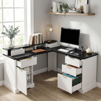 59" Modern Fluted L-Shaped Desk with Charging Station & Storage Cabinet - Home Office Computer Desk with Monitor Stand, File Drawer and Removable Support Shelf for Study, Home Office, White image 3
