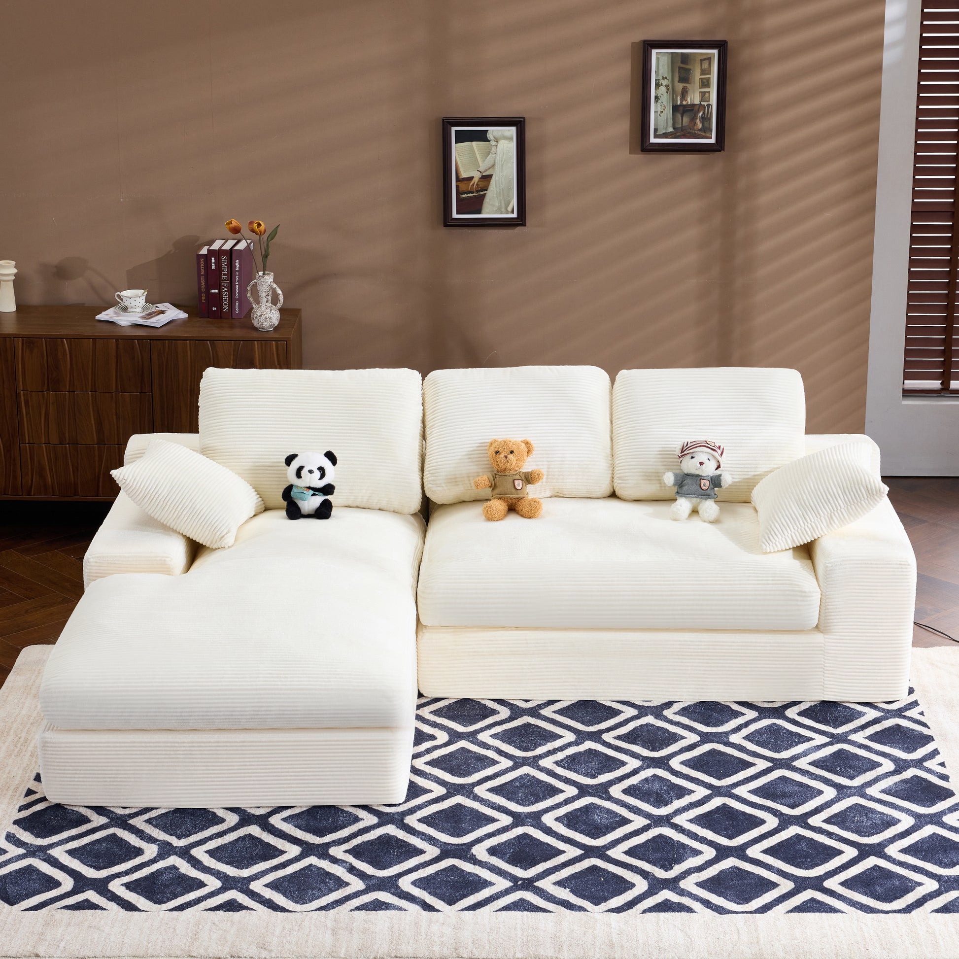 White corduroy compressed sofa. It has a soft and skin-friendly sitting feel, adding a healing atmosphere to the warm living room. It comes with 3 back cushions and 2 throw pillows. image 2