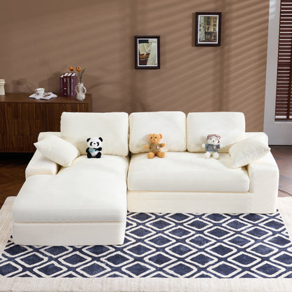 White corduroy compressed sofa. It has a soft and skin-friendly sitting feel, adding a healing atmosphere to the warm living room. It comes with 3 back cushions and 2 throw pillows. image 2