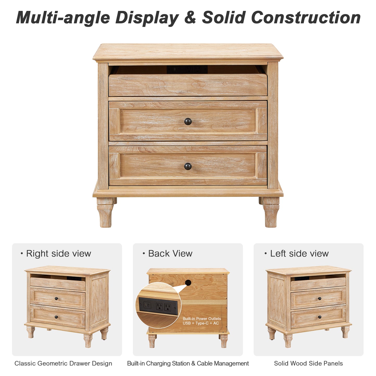Bedside Table with 3 Drawers and Charging Shelf - Open