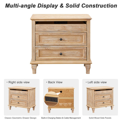 Bedside Table with 3 Drawers and Charging Shelf - Open