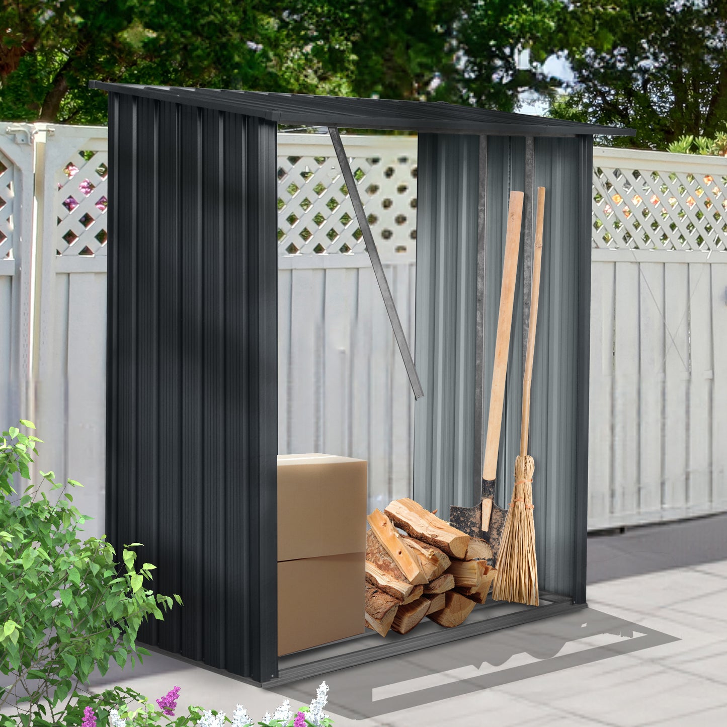 3ft x 5ft Outdoor Meta Firewood Rack,Open Wood Shed For Firewood, Pellet, or Lumber Storage, Black image 6
