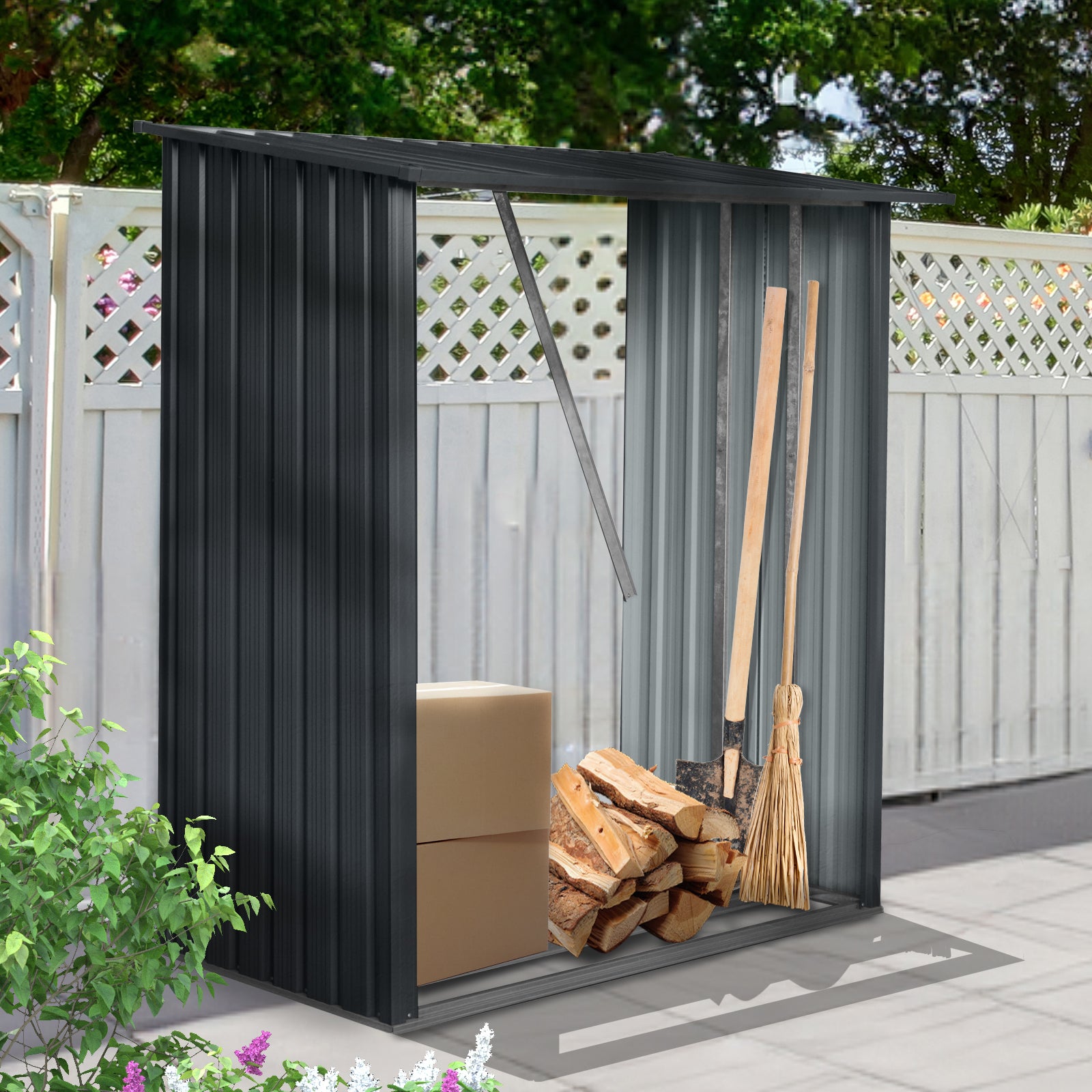 3ft x 5ft Outdoor Meta Firewood Rack,Open Wood Shed For Firewood, Pellet, or Lumber Storage, Black image 6