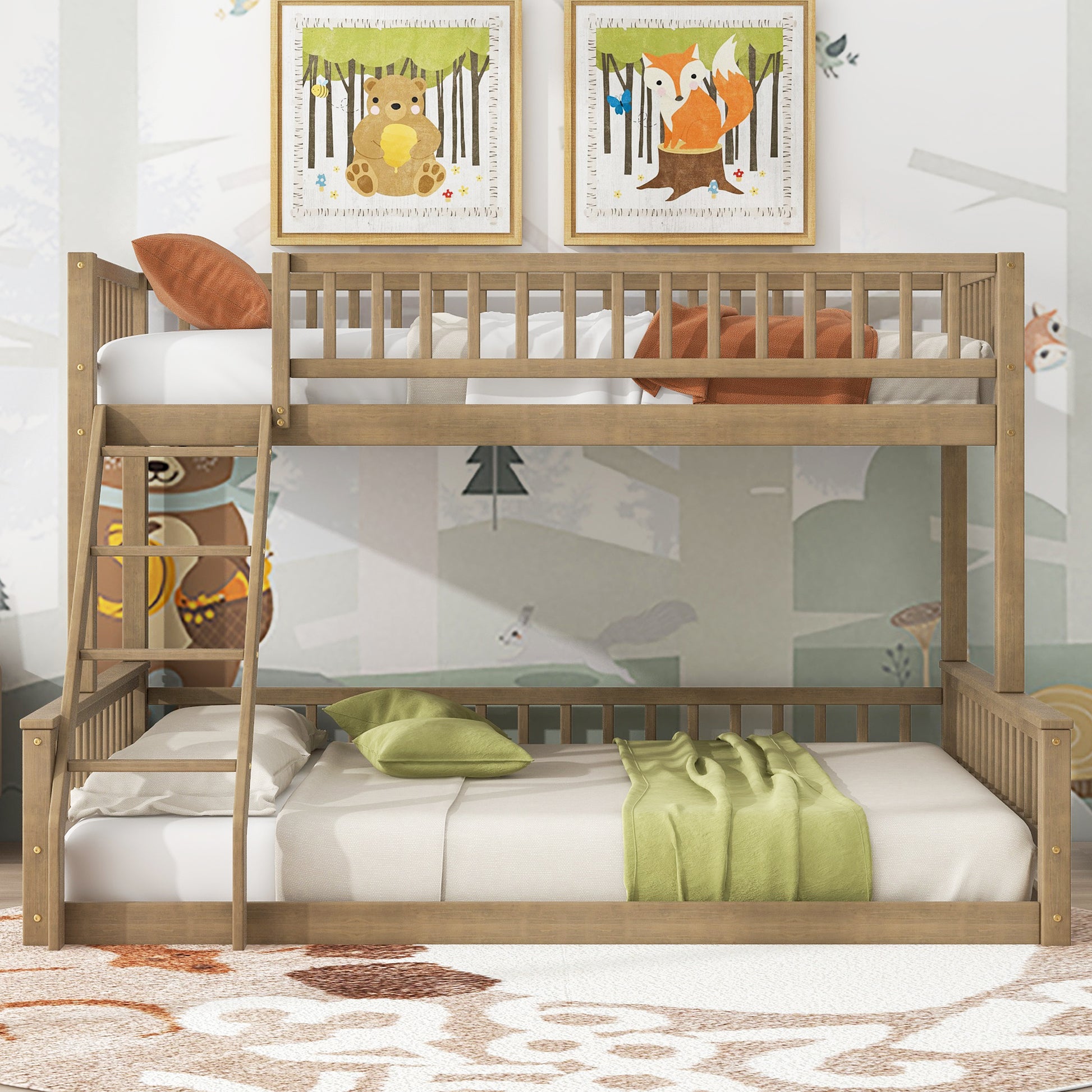 Twin XL over Queen Bunk Bed with Ladder and Guardrails, Walnut image 3