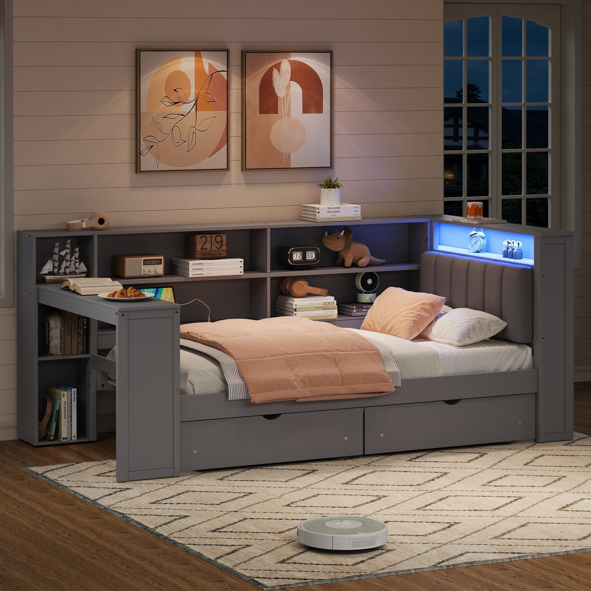 Wood Twin Size Platform Bed with Storage Shelves, Drawers, Charging Station, LED, Desk and Upholstered Headboard, Grey+ Grey Cushion image 1