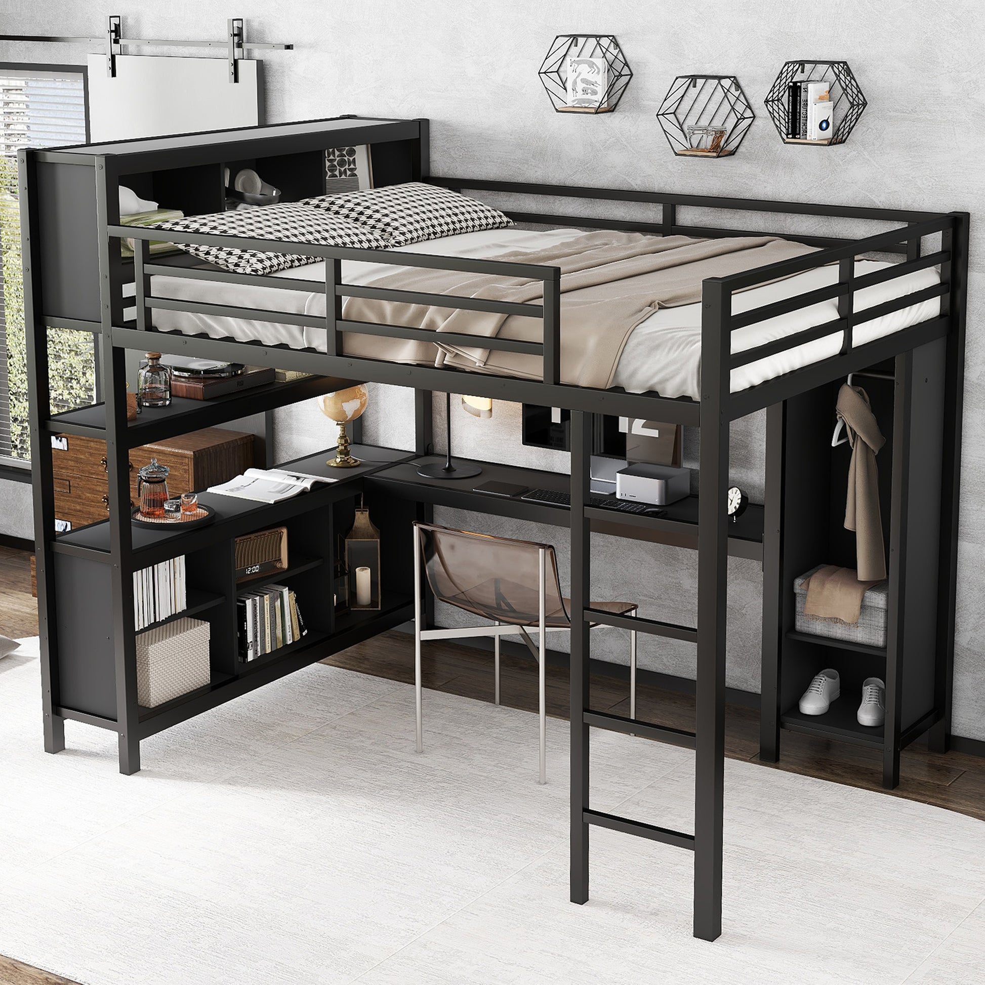 Metal Loft Bed with Wardrobe And L-shaped Desk, Queen Size Loft Bed with Storage Cubes and Shelves, Heavy Duty Loft Bed for Kids Teens Adults, Black image 2