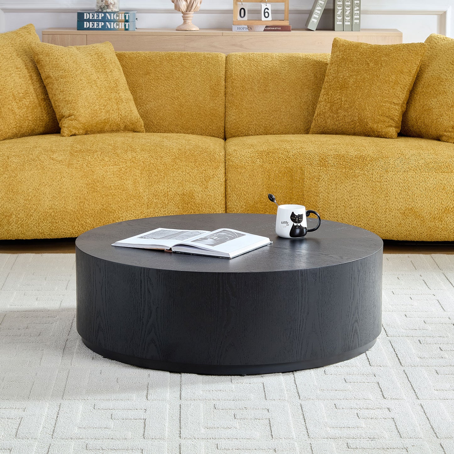 35.43 Inch Modern Round Coffee Table MDF Coffee Table for Living Room,Drum Center Table for Apartment,No Need Assembly,Black W2582P188323 image 5