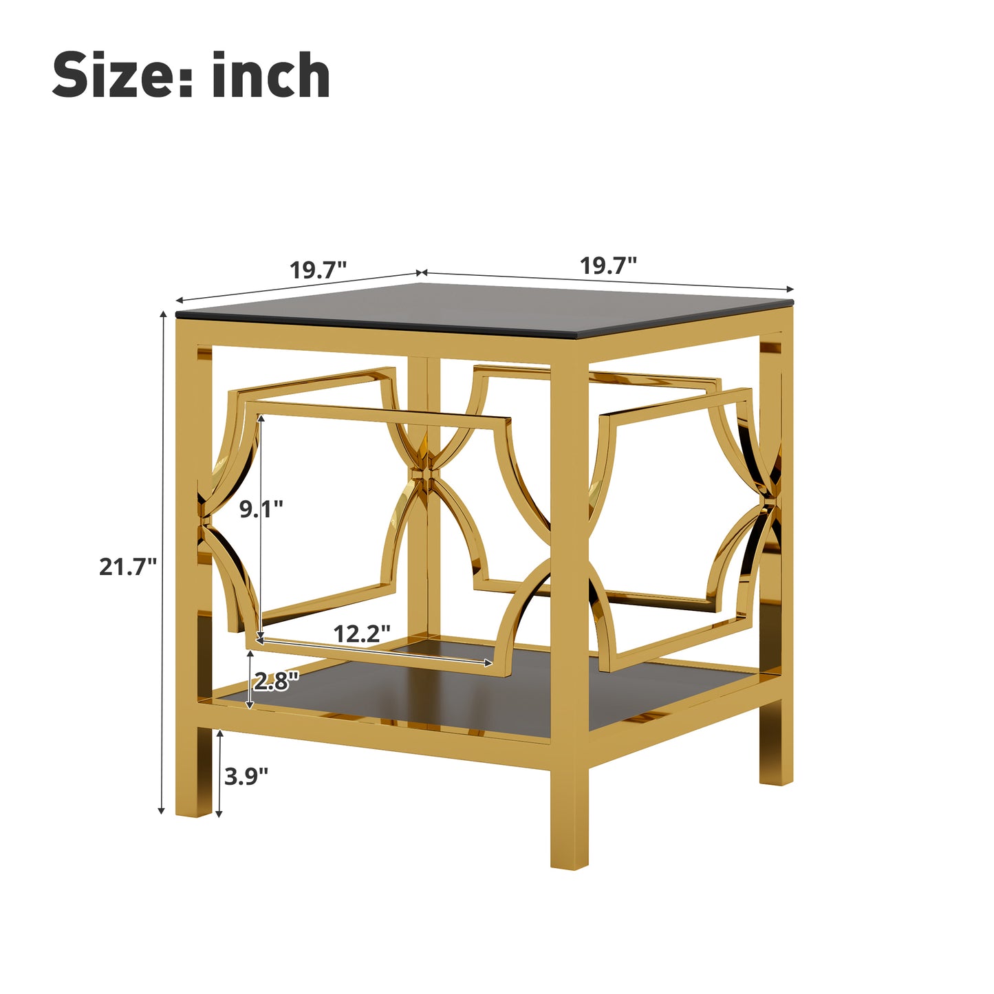 19.7" Modern Gold Square Side Table with Tempered Glass Top & Storage Shelf, Luxury Glam End Table with Metal Frame for Living Room, Bedroom, Sofa Side, Small Space Accent Table image 7