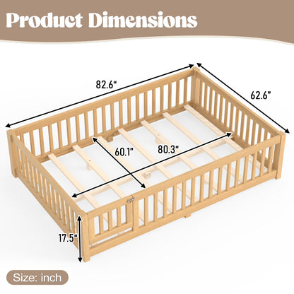 Queen Size Bed Floor Bed with Safety Guardrails and Door for Kids, Natural image 7