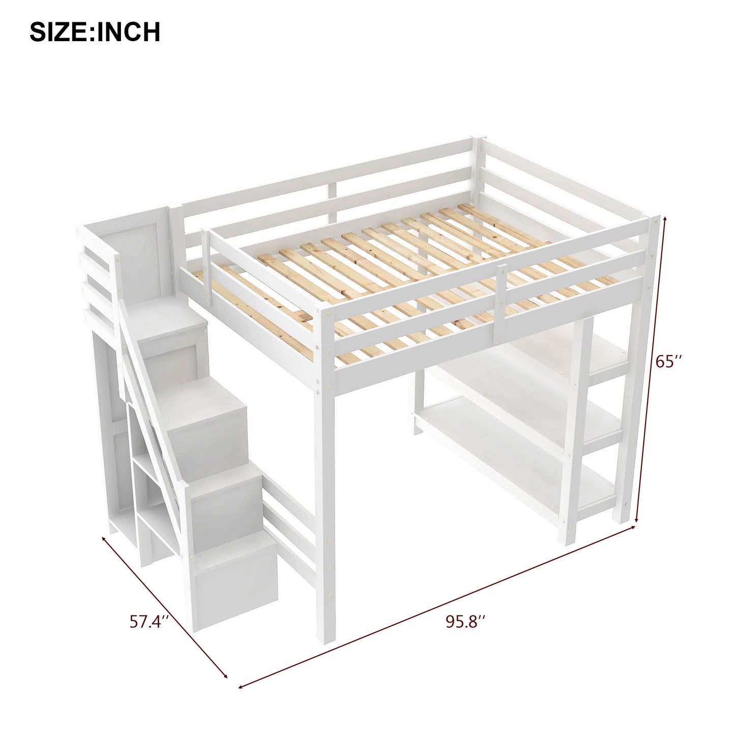 Full Size Loft Bed with Shelves, Storage Staircase, Small Wardrobe and White LED Light, White(Old SKU:N7090000472K) image 5