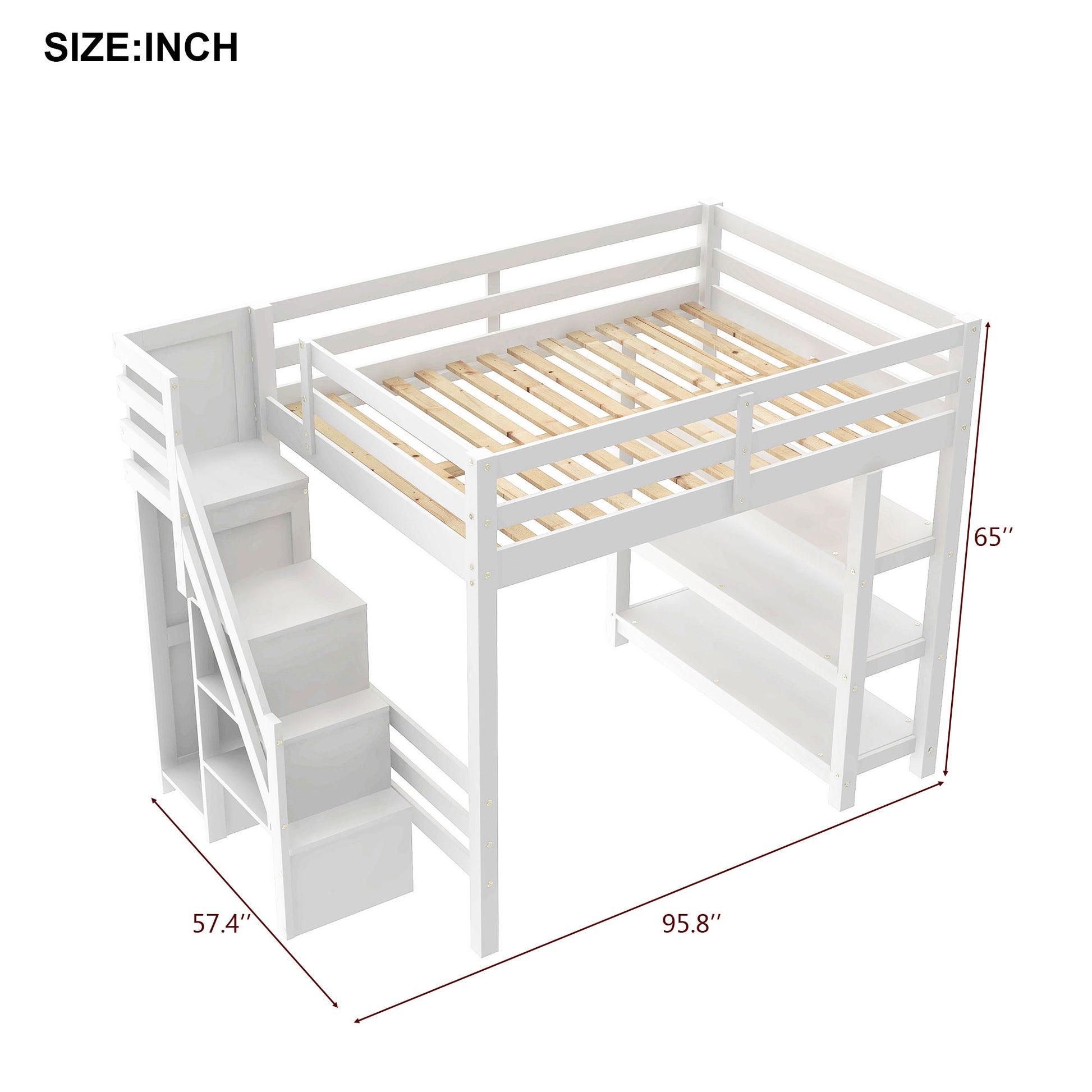 Full Size Loft Bed with Shelves, Storage Staircase, Small Wardrobe and White LED Light, White(Old SKU:N7090000472K) image 5
