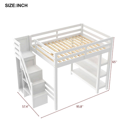 Full Size Loft Bed with Shelves, Storage Staircase, Small Wardrobe and White LED Light, White(Old SKU:N7090000472K) image 5