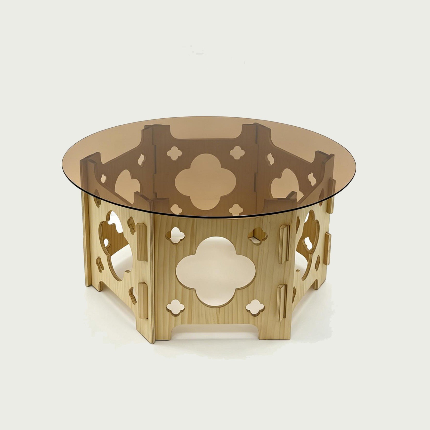 31.1'' Round Tempered Glass Coffee Table, Caramel Tabletop with Floral Hollow Wood Base, Farmhouse Center Tea Table for for Living Room, Small Spaces, Office, Easy Assembly. Natural+Caramel. image 8