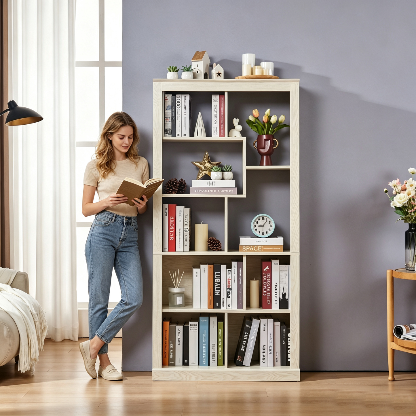 Free Combination Wood Open Bookshelf, Multi Space Display Storage Cabinet, Easy to Assemble Freestanding Bookcase with Anti-Tip Straps, Classified Storage Organizer for Living Room Bedroom Home Office image 6