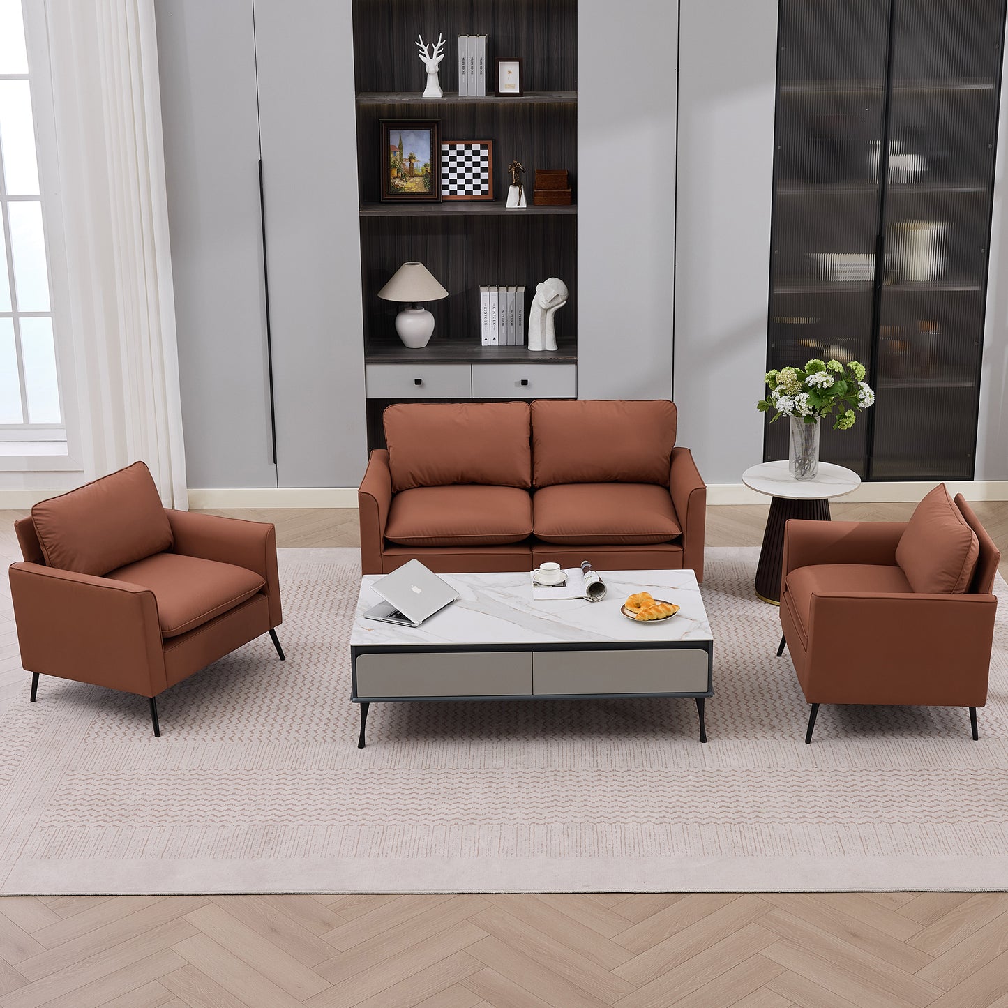 TS Cat paw leather upholstered sofa loveseat,Nordic retro light luxury living room balcony bedroom single casual sofa chair (Brown) image 6