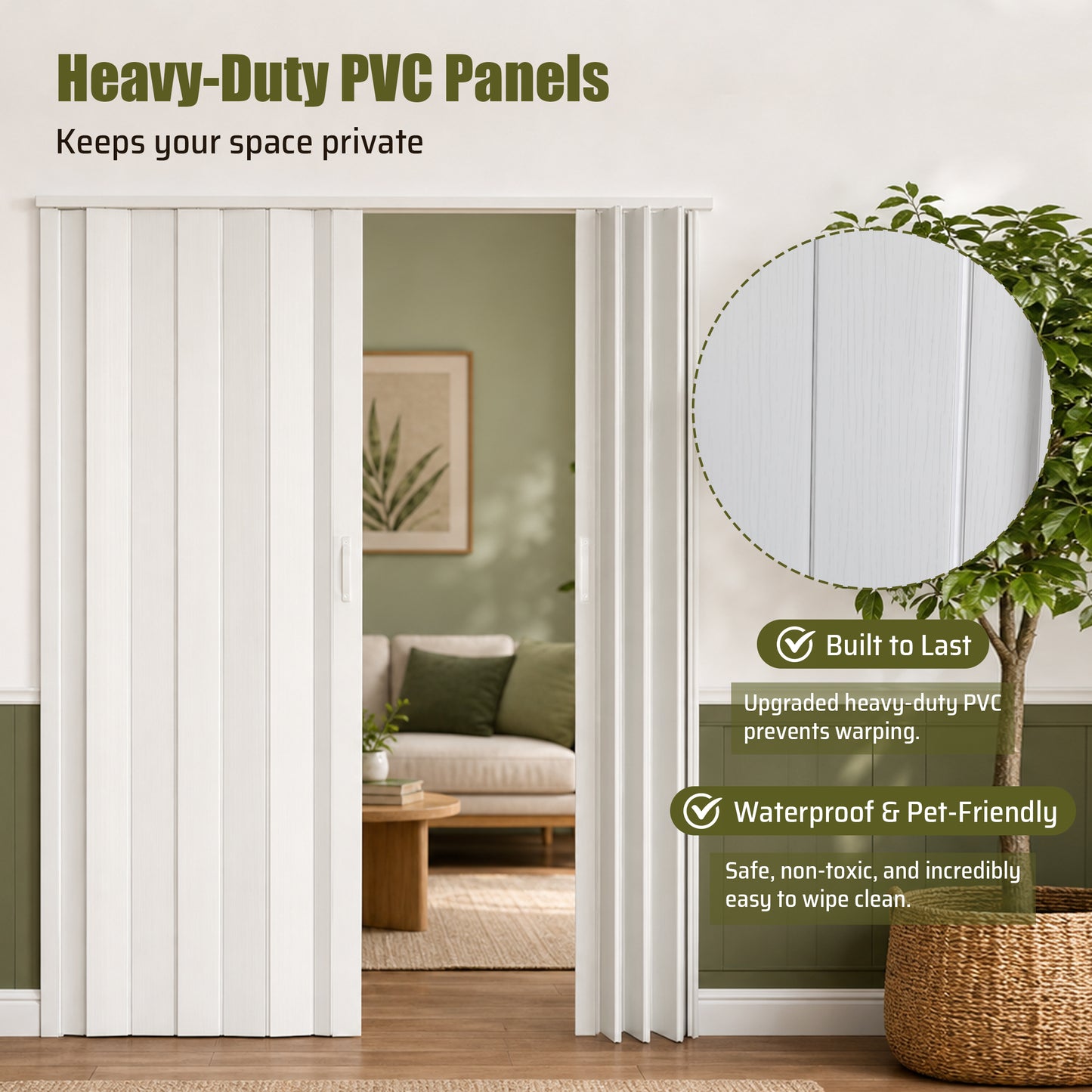 59"x77" PVC Accordion Folding Door, Double-Opening Heavy Duty Room Divider with Quiet Rollers & Dual Handles, Waterproof & Warp-Resistant – For Closet, Bedroom, Laundry image 4