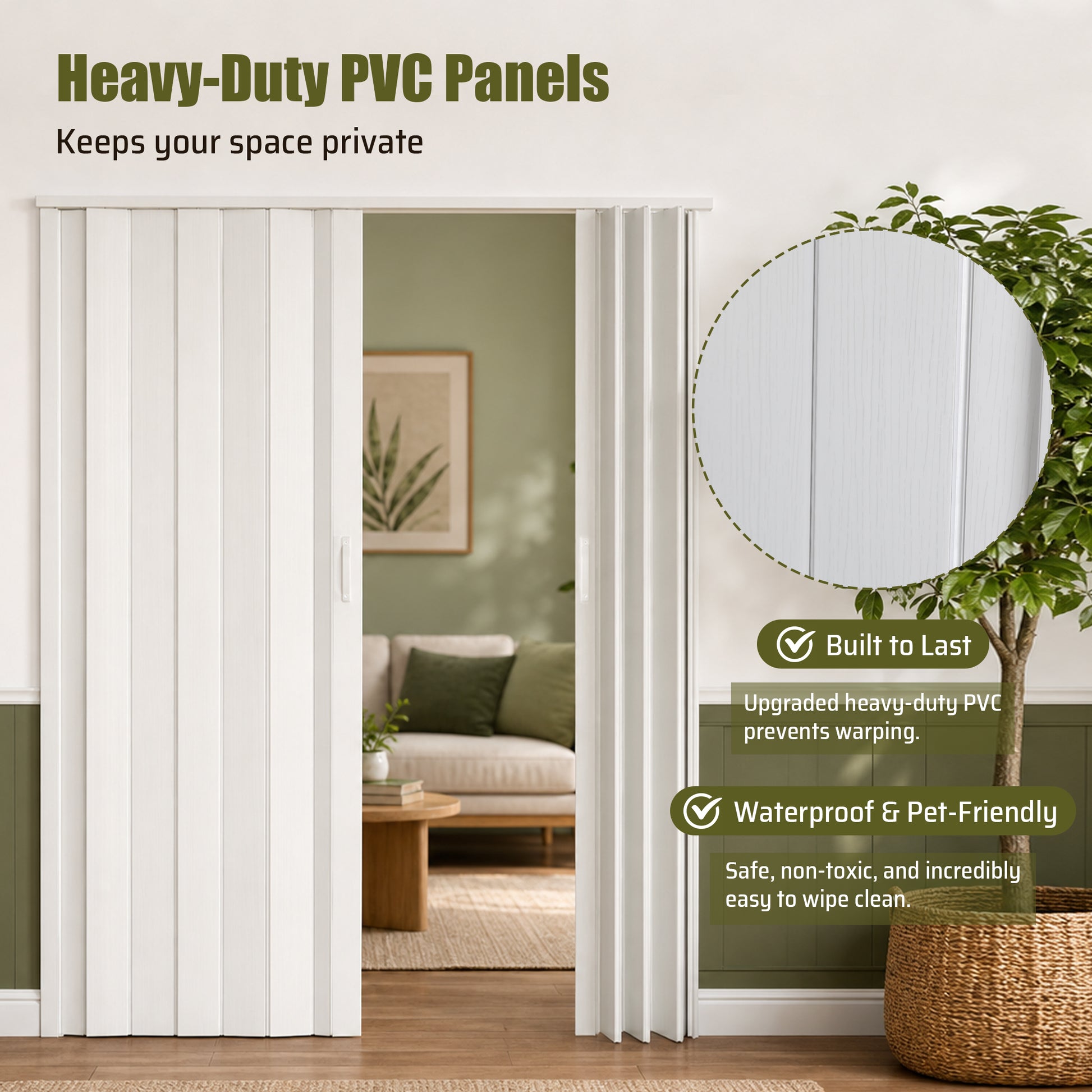 59"x77" PVC Accordion Folding Door, Double-Opening Heavy Duty Room Divider with Quiet Rollers & Dual Handles, Waterproof & Warp-Resistant – For Closet, Bedroom, Laundry image 4